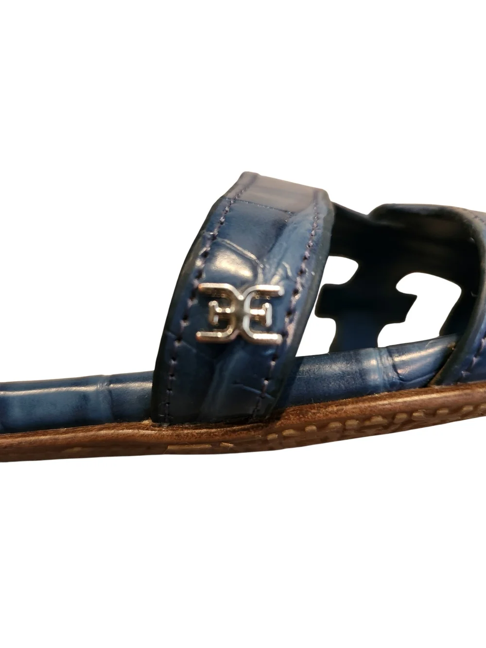 Sam Edelman Bay Slide Sandals Blue Size 8.5 Croc Embossed Leather Cutout Flats